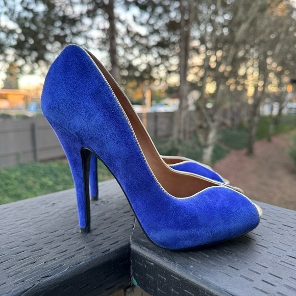 5/48 Women’s Blue Suede Carrie Open Toe Heels‎ Size 36.5 - Picture 1 of 7